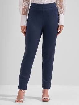 TOKYO TALKIES - Women Navy Blue Solid Slim Fit Mid Rise Trouser