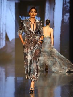 Nirmooha - Printed Velvet Crop Blazer Paired with Pleated Pants (Set of 2)