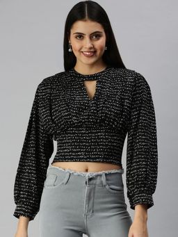 SHOWOFF - Women Keyhole Neck Balloon Sleeve Printed Black Crop Top