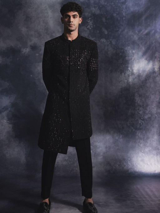 Varun Chakkilam Ebony Black Waves Sherwani and Trouser (Set of 2)