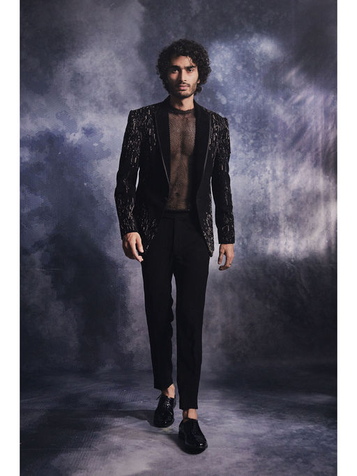 Varun Chakkilam Ebony Black Dash-Lines Jacket and Shirt with Trouser (Set of 3)