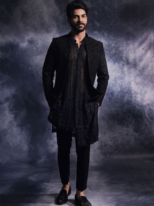 Varun Chakkilam Ebony Black Anchor Open Jacket and Kurta with Trouser (Set of 3)