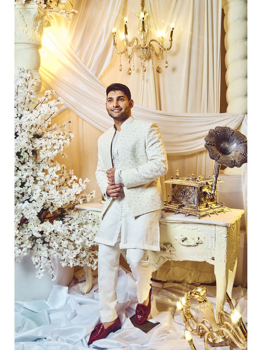 Varun Chakkilam Seashell White Open Jacket and Kurta with Trouser (Set of 3)