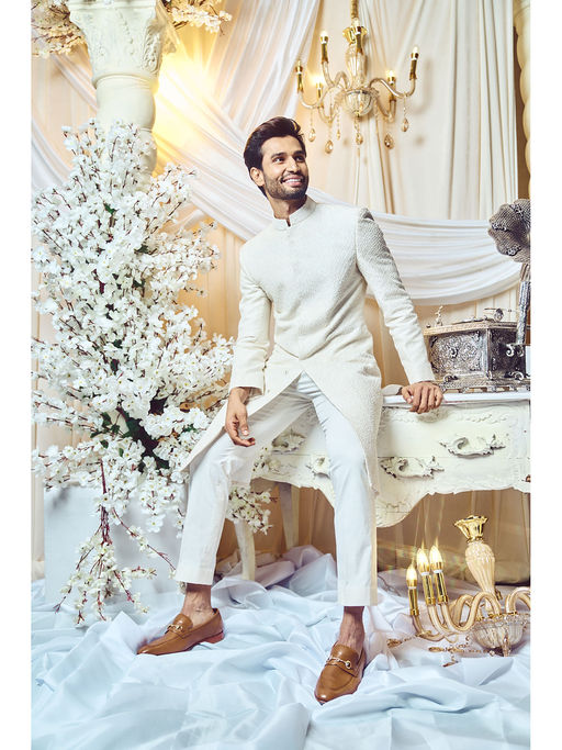 Varun Chakkilam Seashell White Embroidered Sherwani and Trouser (Set of 2)