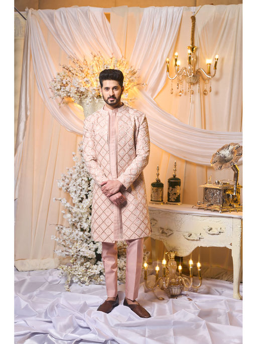 Varun Chakkilam Salmon Nude Pink Sherwani and Kurta with Trouser (Set of 3)