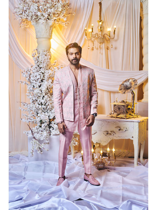 Varun Chakkilam Seashell Pink Open Jacket and Kurta with Trouser (Set of 3)