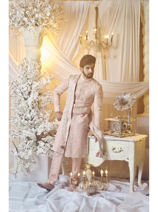 Varun Chakkilam Sea Shell Pink Carnation Sherwani and Trouser (Set of 2)