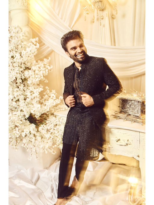 Varun Chakkilam Ebony Black Anchor Open Jacket and Kurta with Trouser (Set of 3)