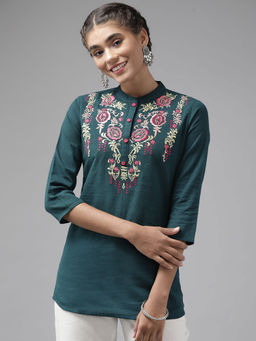 Yufta - Women Teal Blue Embroidered Regular Top