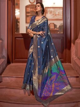 Akhilam - Women Silk Blend Navy Blue Woven Design Handloom Saree with Blouse Piece