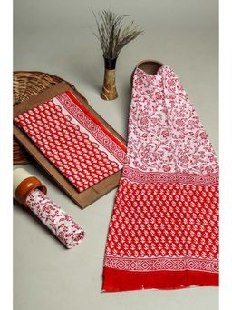 KISHORI - Hand Block Print Cotton Unstitched Salwar Suit Dress Material 3 Piece Set - Red