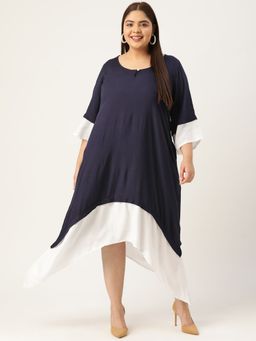 theRebelinme - Plus Size Women Navy & White Color Block Asymmetric Dress