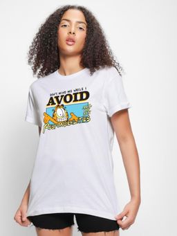 Bewakoof - Official Garfield Women's White Avoiding Responsibilities Graphic Printed Boyfriend T-shirt