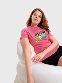 Bewakoof - Official Garfield Women's Pink Avoiding Responsibilities Graphic Printed T-shirt