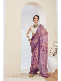 RACHNA - Floral Zari Printed Chiffon Purple Ready to Wear Saree