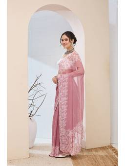 RACHNA - Floral Zari Printed Chiffon Pink Ready to Wear Saree