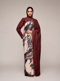 RACHNA - Stripes Print Silk Blend Black Ready to Wear Saree