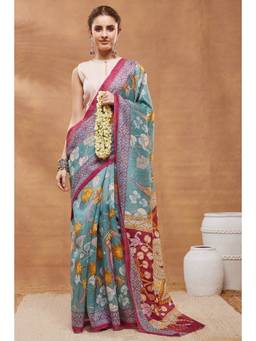 RACHNA - Floral Silk Blend Turquoise Ready To Wear Saree