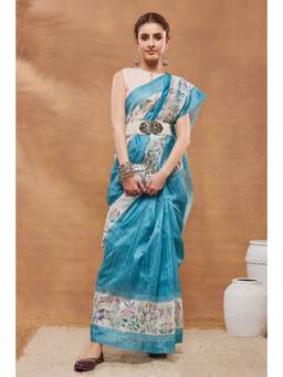RACHNA - Floral Silk Blend Turquoise Ready to Wear Saree