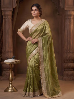 Tankori - Tissue Zari Border Traditional Festive Collection Green Saree
