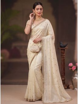 Tankori - Organza Contemporary Printed Designer Cream Saree