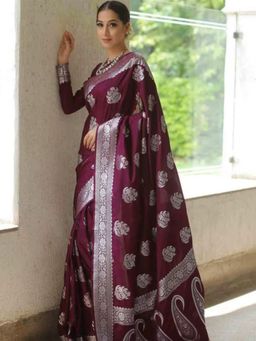 Mirraw - Elegant Dark Wine Silk Blend Woven Saree