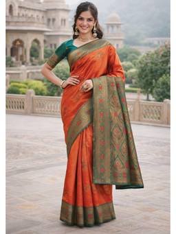 Mirraw - Elegant Dark Orange Silk Blend Saree