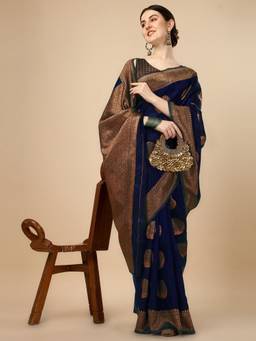 Mirraw - Elegant Dark Blue Silk Blend Woven Saree