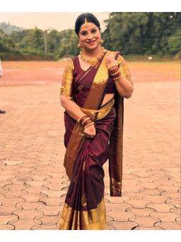 Mirraw - Elegant Dark Wine Silk Blend Woven Saree