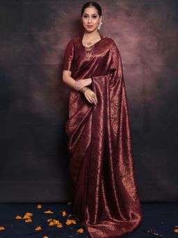 Mirraw - Elegant Dark Maroon Silk Blend Woven Saree