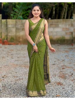 Mirraw - Elegant Olive Silk Blend Woven Saree