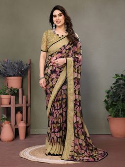 Tankori - Chiffon Floral Printed Lightweight Casual Wear Purple Saree