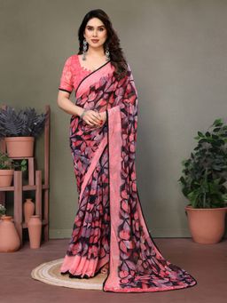 Tankori - Chiffon Floral Printed Lightweight Casual Wear Pink Saree