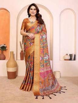 Tankori - Soft Silk Vibrant Floral Printed Elegant Wedding Mustard Saree