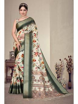 Tankori - Silk Ethnic Floral Printed Elegant Occasion Wear Green Saree