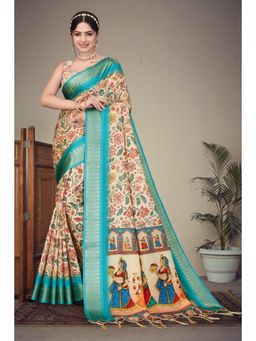 Tankori - Soft Silk Floral Print Designer Occasion Wear Cream Saree