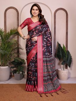 Tankori - Chiffon Floral Printed Soft Lightweight Black Saree