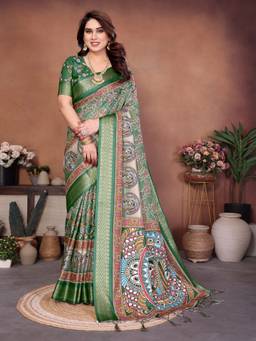 Tankori - Cotton Floral Printed Lightweight Office Wear Green Saree