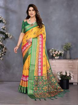 Tankori - Gajanand Cotton Printed Comfortable Daily Wear Yellow Saree