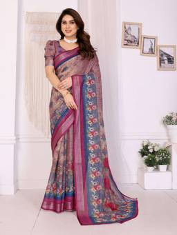 Tankori - Soft Linen Floral Printed Elegant Occasion Wear Magenta Saree