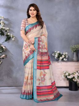 Tankori - Pure Linen Zari Border Classic Ethnic Festive Cream Saree