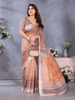 Tankori - Linen Cotton Ethnic Printed Comfortable Summer Wear Brown Saree