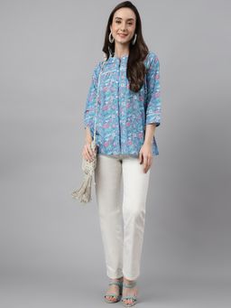 Janasya - Blue Cotton Botanical Print Empire Top