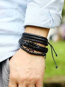 Yellow Chimes - Helm Charm Black Leather Multilayer Bracelets
