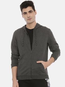 3PIN - Men Charcoal Solid Hooded Sweatshirt