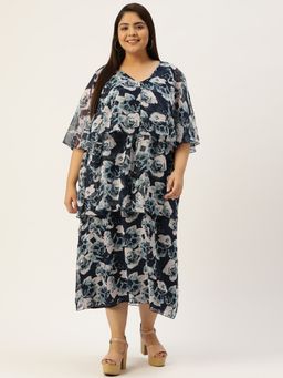 theRebelinme - Plus Size Women Navy Rose Floral Printed Georgette Layered Midi Dress