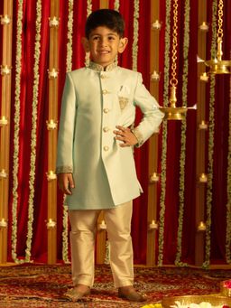 Vastramay - Boys Green & Cream Sherwani (Set of 2)