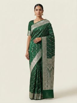 Naaritva Banaras - Emerald Green Banarasi Mashru Katan Silk Saree with Unstitched Blouse