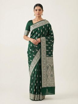 Naaritva Banaras - Deep Emerald Green Banarasi Mashru Katan Silk Saree with Unstitched Blouse