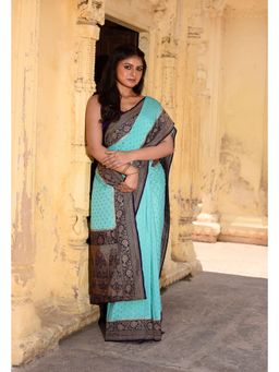 Naaritva Banaras - Turquoise Blue Pure Banarasi Crape Chiffon Silk Saree with Unstitched Blouse